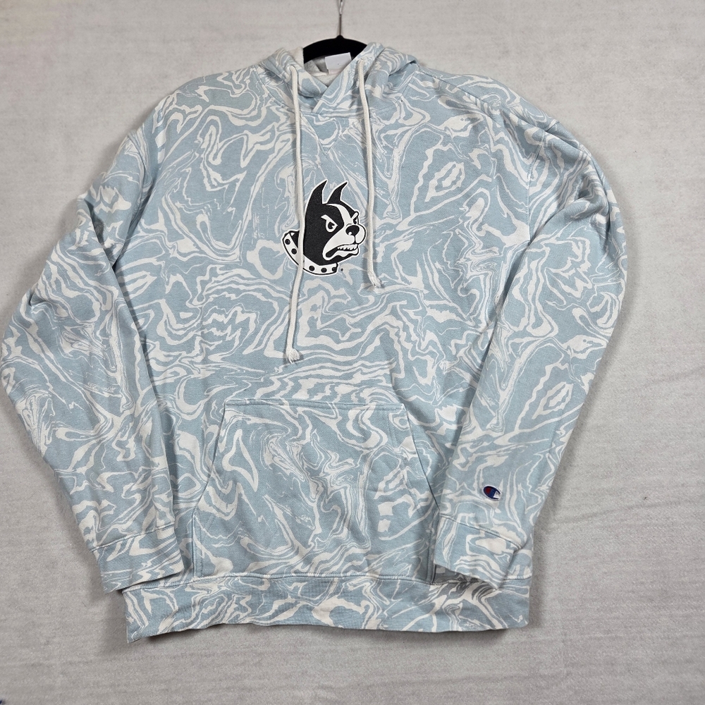 Champion Bulldog Graphic Marble Print Hoodie Blue & White Unisex XL